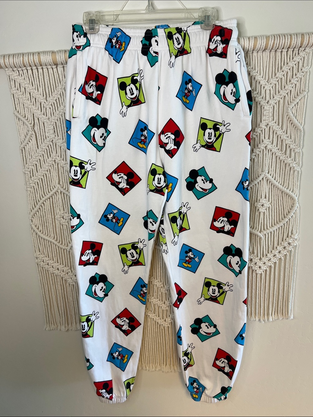 Disney Mickey Mouse White sweat pants Pajama Pants with Red, Blue, Green Accents